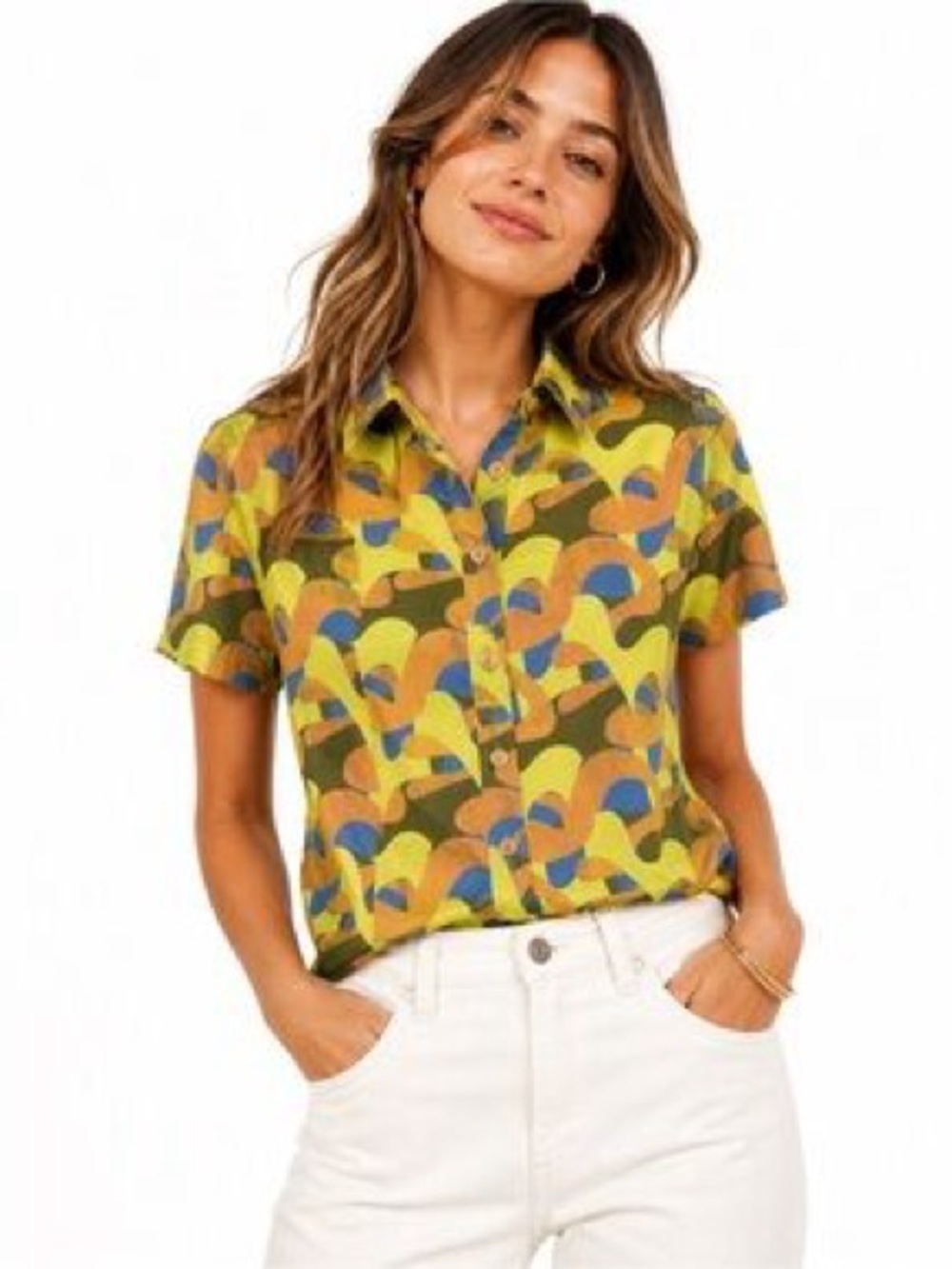 Wildfang Short-Sleeve Button-Down in Yellow Multi Abstract Print Plus Size 1x